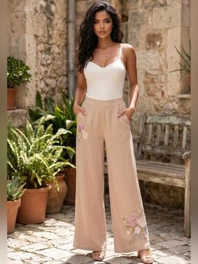🌟B305. Elegant Linen Blend Embroidered Tan Pants